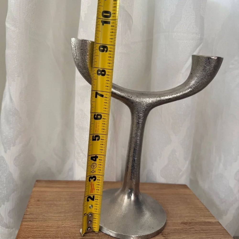 Crate & Barrel Double Taper Silver Metal Candle Holder